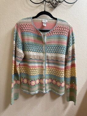 Koret Vintage Pastel Floral Crochet Cardigan - Pink, Blue, Yellow, Green, Cream